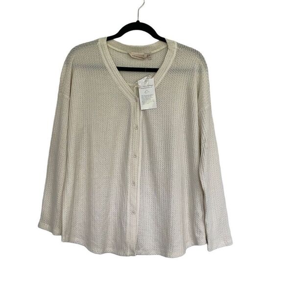 Soft Surroundings Ivory Cream Waffle Knit Long Sleeve Button Shirt Cardigan PL N - Picture 1 of 11